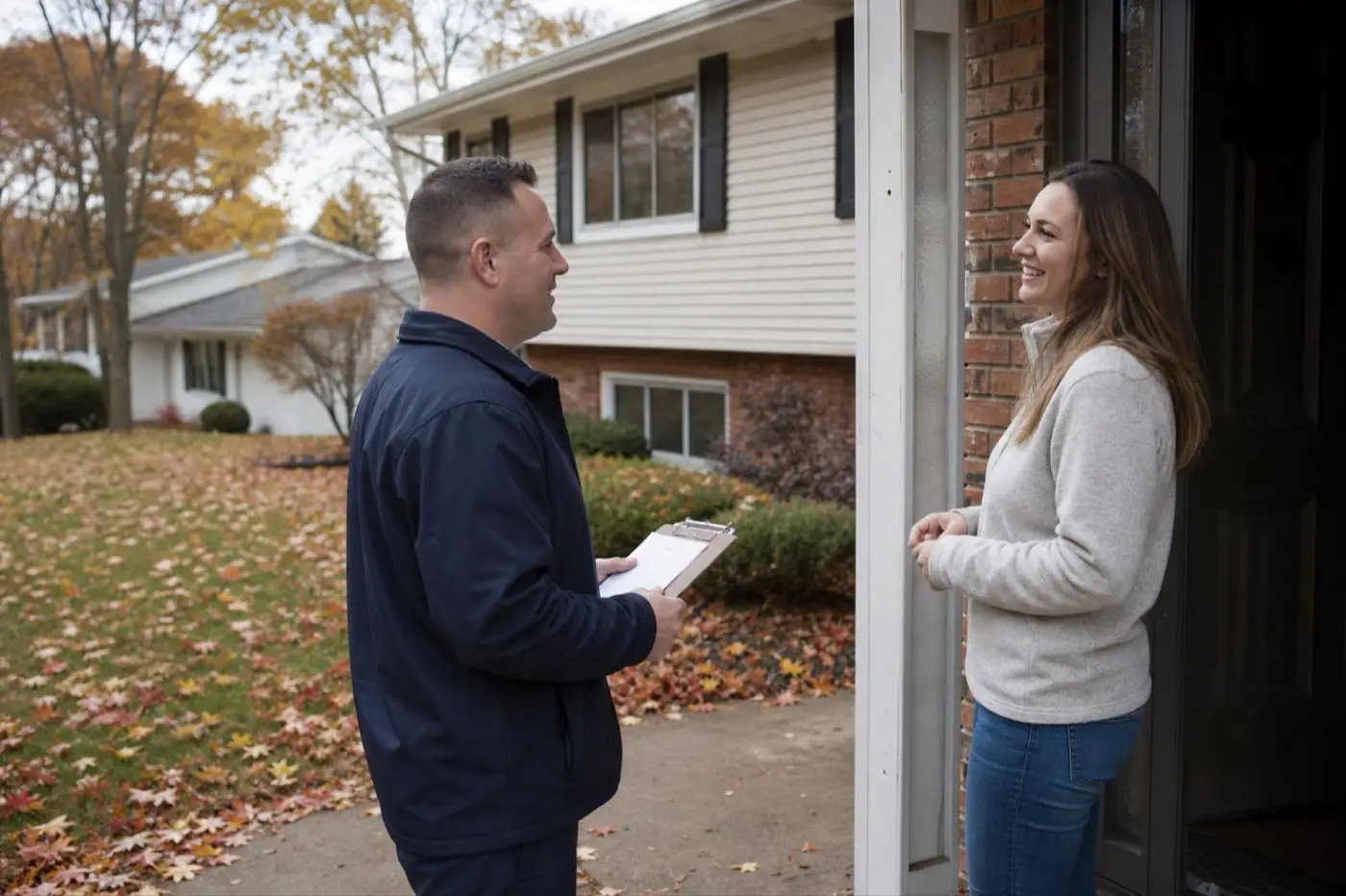AI-generated image: a service professional with a clipboard talks with a smiling homeowner at the front door of a split-level home in autumn.