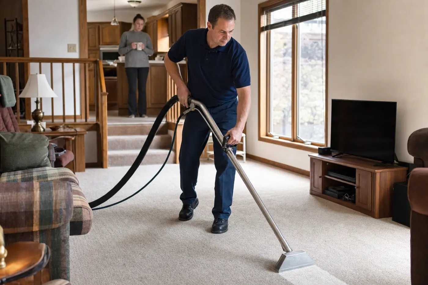 AI-generated image: a technician in a navy polo runs a hot-water extraction wand across a beige living-room carpet while a person stands in the kitchen beyond.