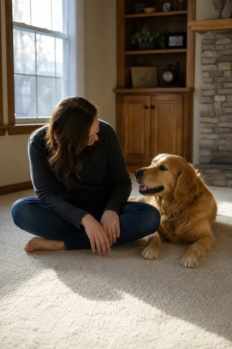 AI-generated image: a person sits on a clean cream carpet beside a golden retriever in afternoon sun.
