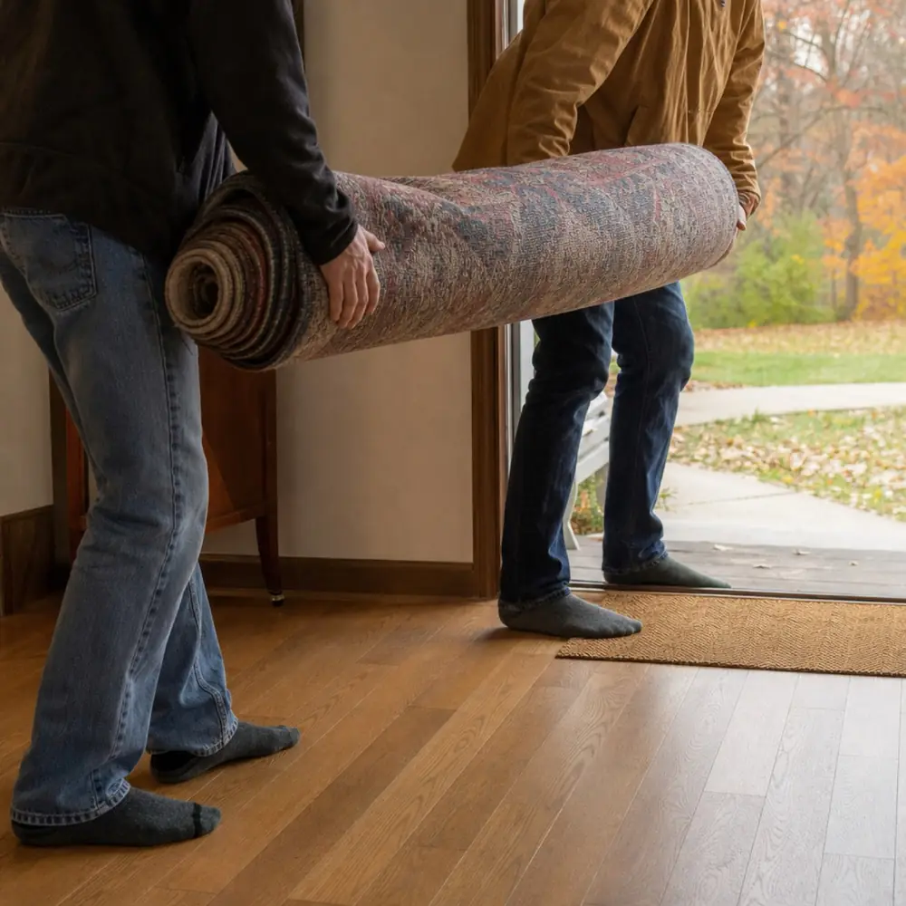 AI-generated image: two people carry a rolled patterned area rug through the front door of a home in autumn.