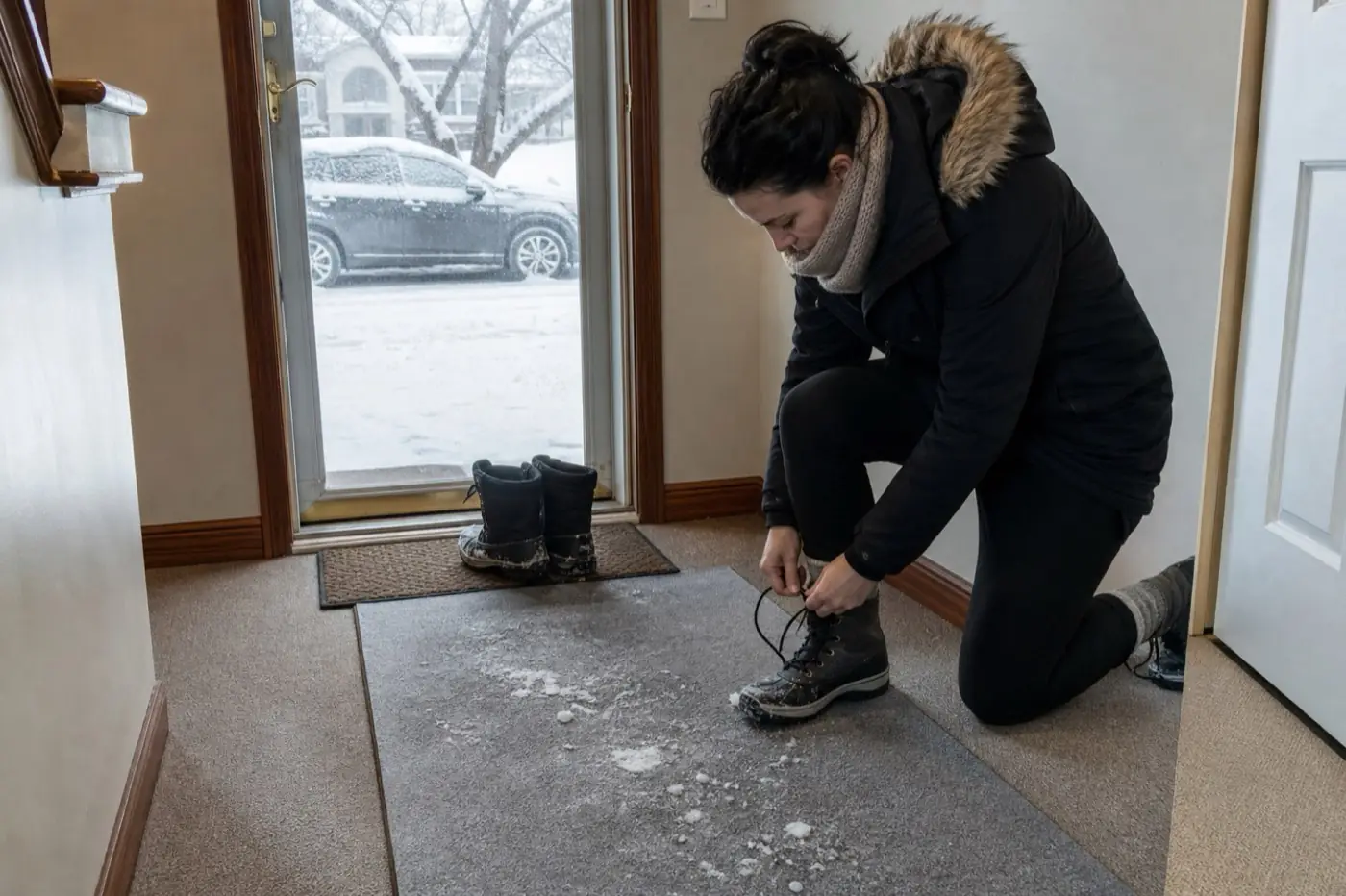 AI-generated image: a winter entryway with snow boots and white road-salt marks on a grey carpet runner, snow outside the storm door.