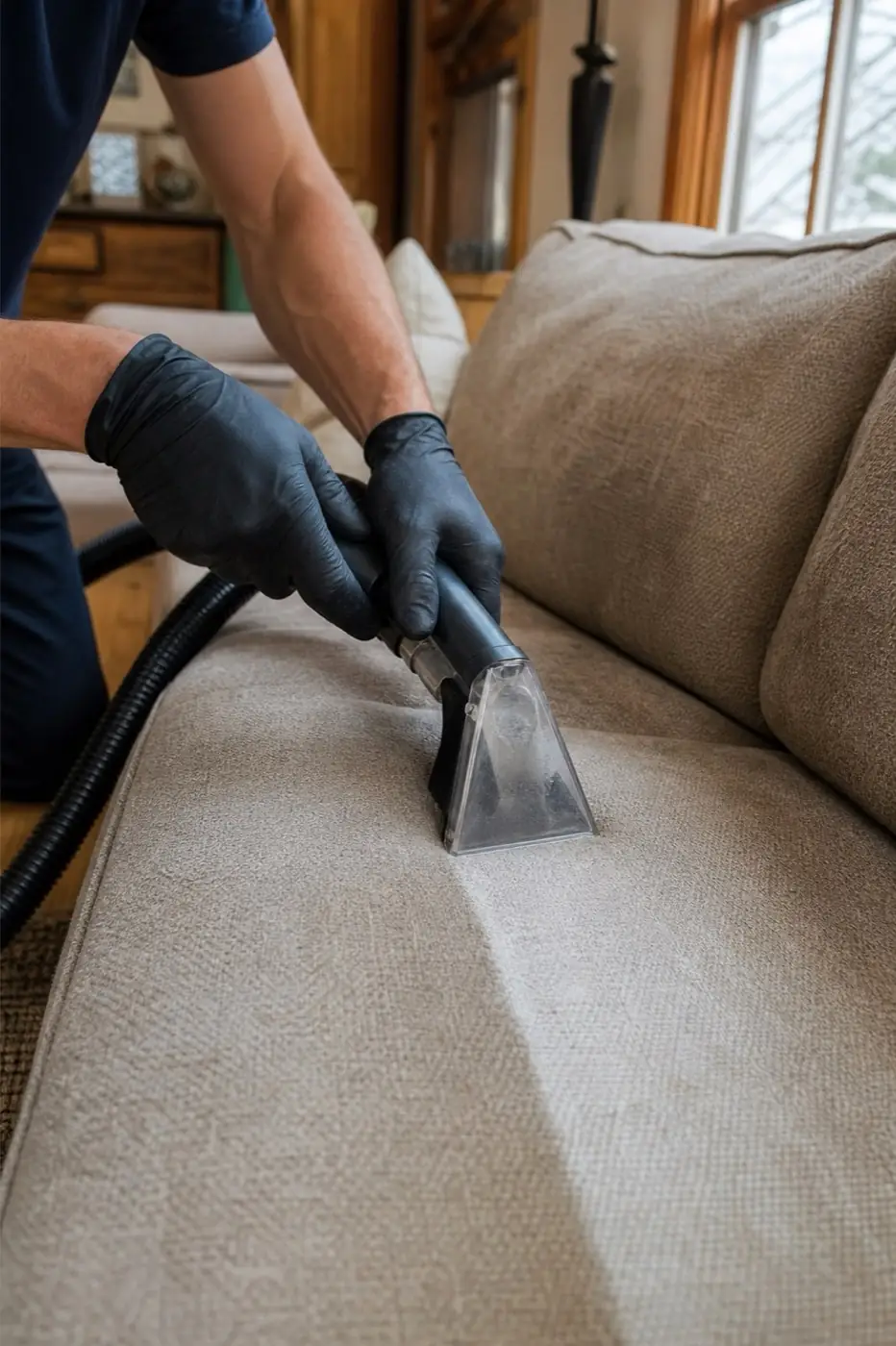 AI-generated image: gloved hands cleaning a fabric sofa cushion with a handheld upholstery tool, a clean stripe visible.